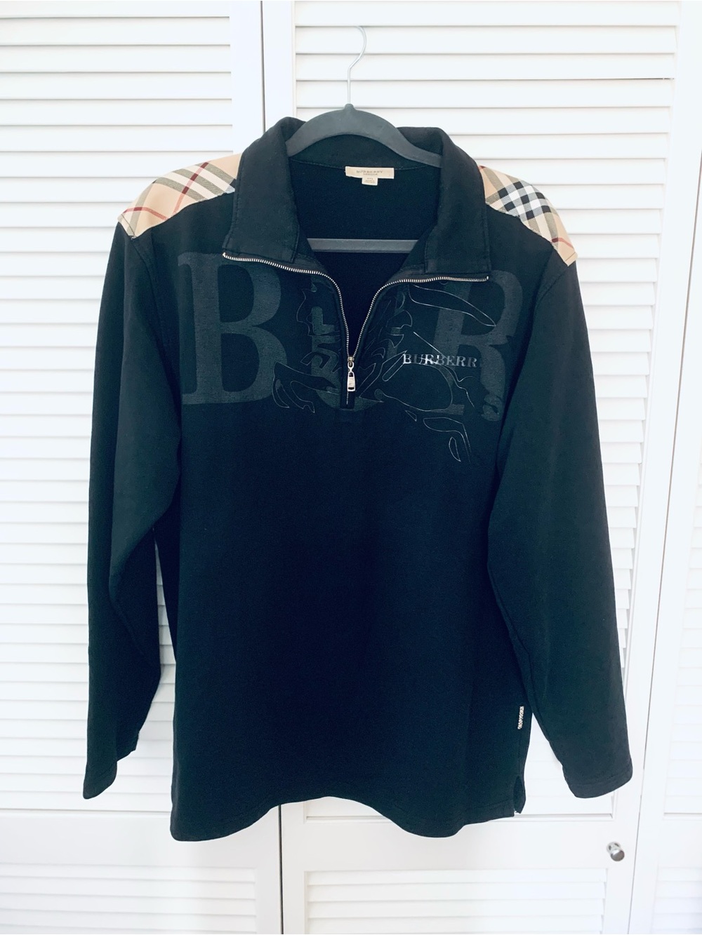 Burberry Black Half-Zip Sweatshirt with Classic Check Shoulder Panels